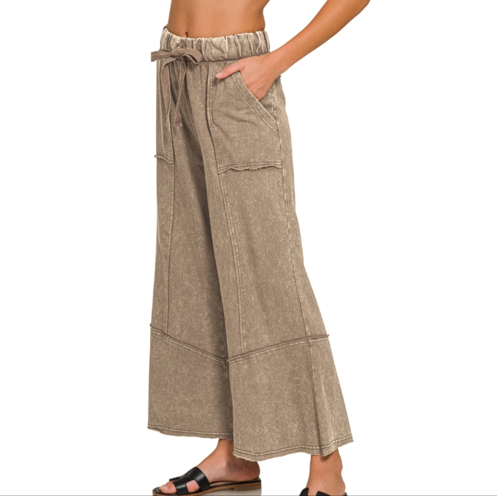 Zenana Exposed Seam Flare Hem Pants with Pockets, Mineral Wash Ash Mocha